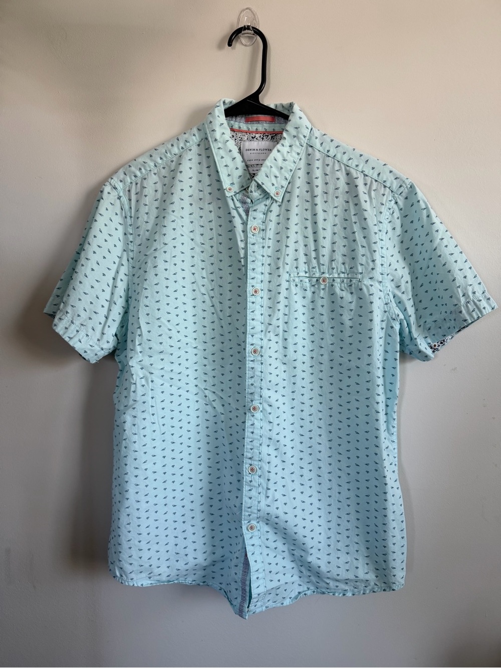 Denim & Flower Light Blue Short-Sleeve Button-Down Shirt with Micro Print